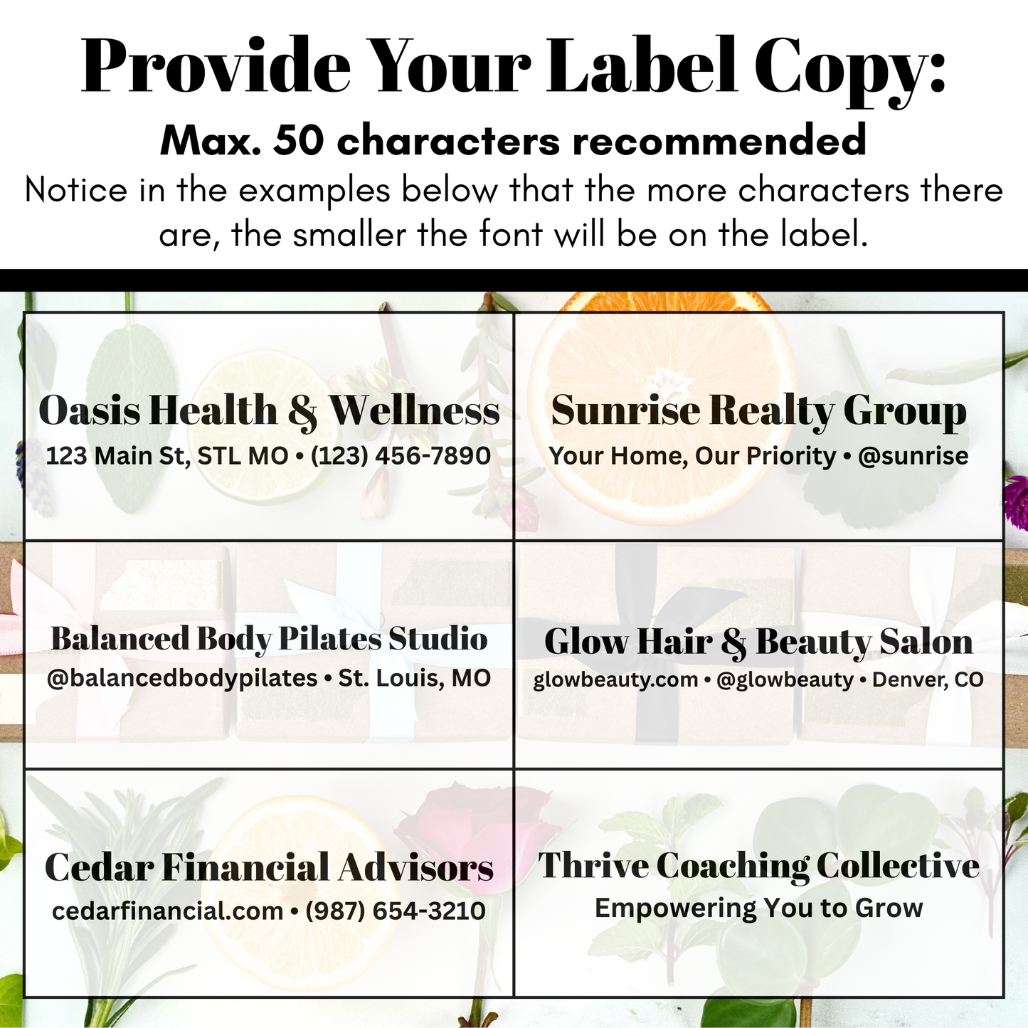 Sample label designs with business names and contact information on a floral background