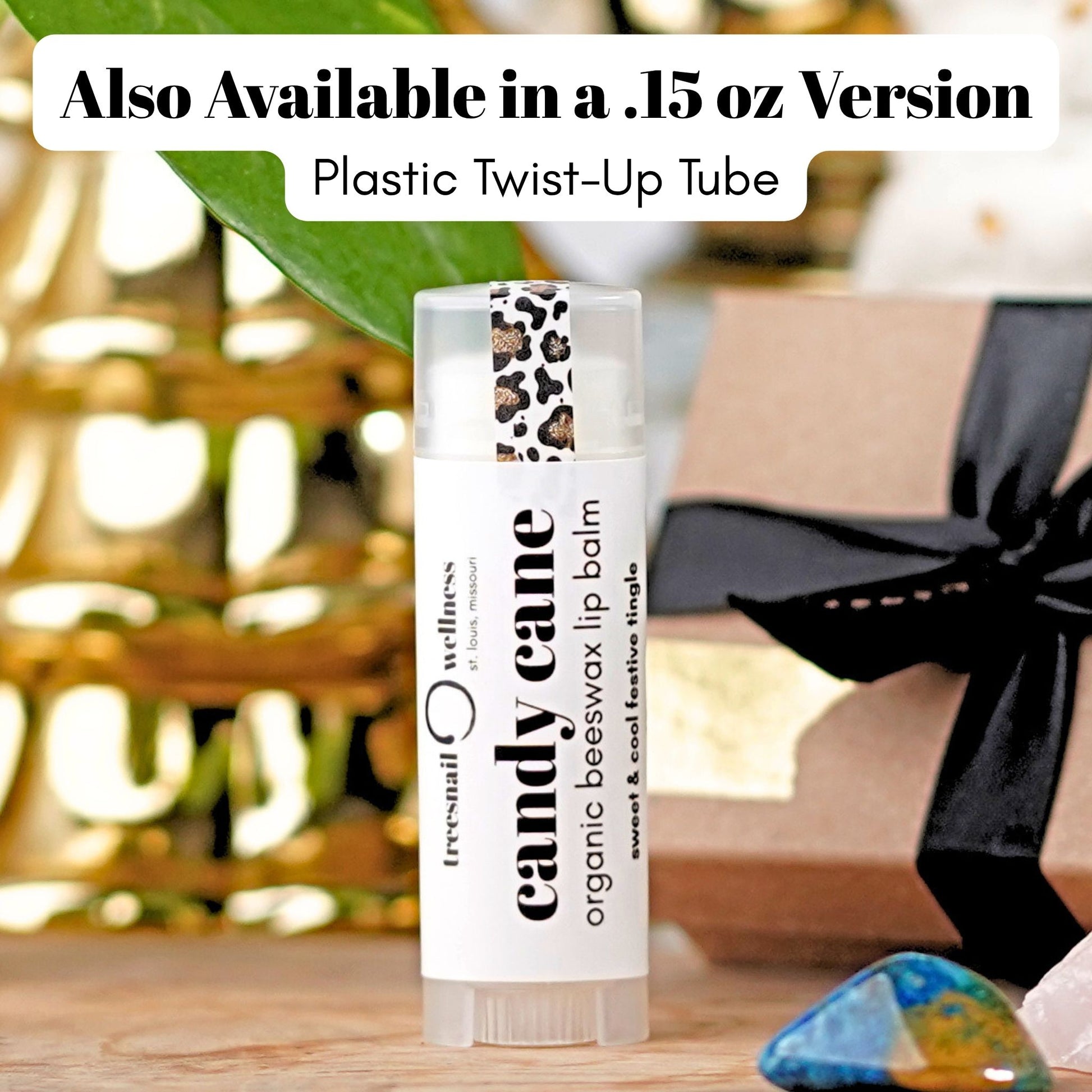 Candy Cane holiday lip balm .15 oz plastic twist-up—peppermint + vanilla, seasonal Oct–Dec