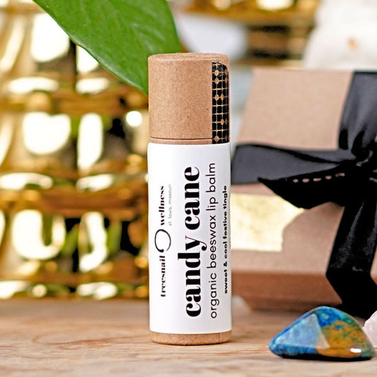 Candy Cane holiday lip balm .30 oz paperboard push-up—peppermint + vanilla, seasonal Oct–Dec