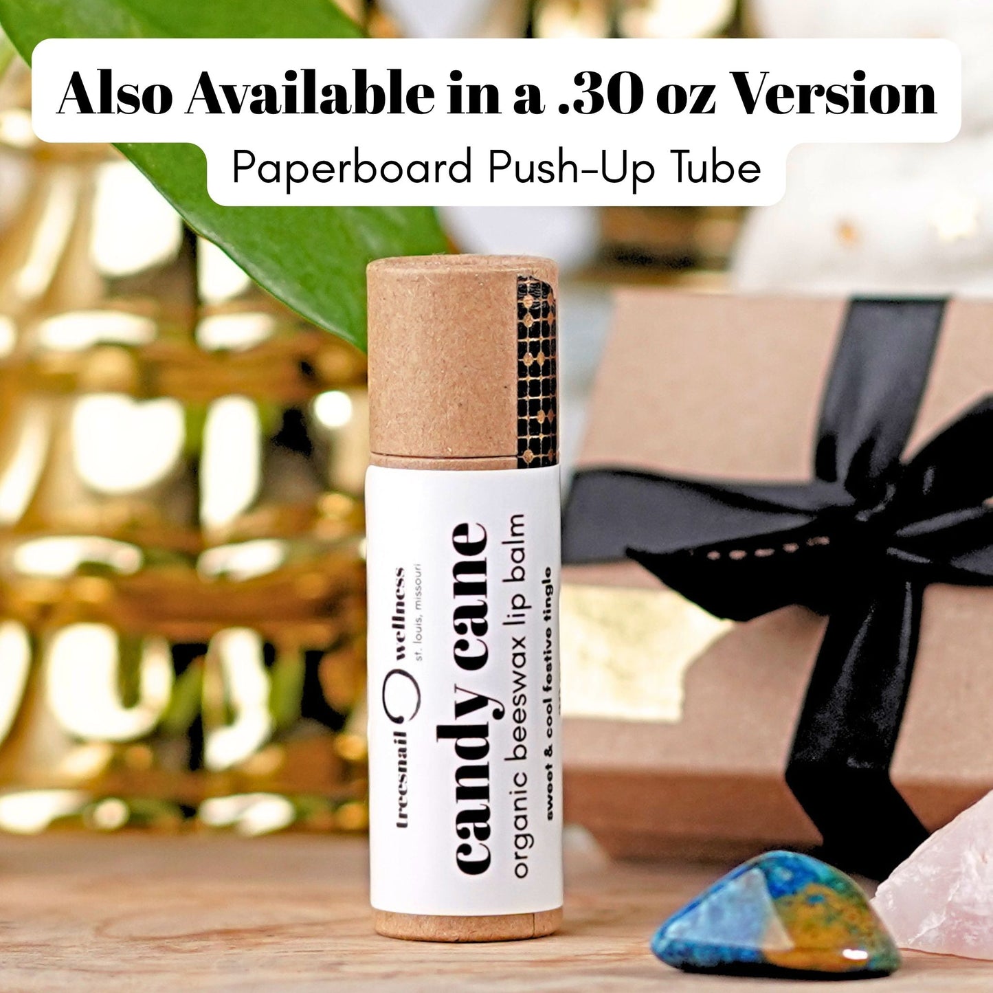 Candy Cane holiday lip balm .30 oz paperboard push-up—peppermint + vanilla, seasonal Oct–Dec