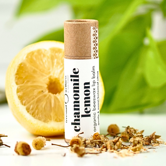 Chamomile Lemon eco-tube lip balm .30 oz plastic-free push-up—German chamomile + lemon, small-batch