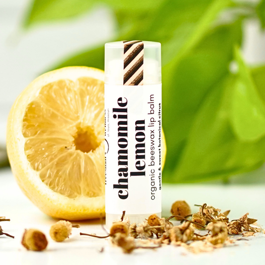 Chamomile Lemon natural lip balm .15 oz plastic twist-up—soothing chamomile + bright lemon, small-batch