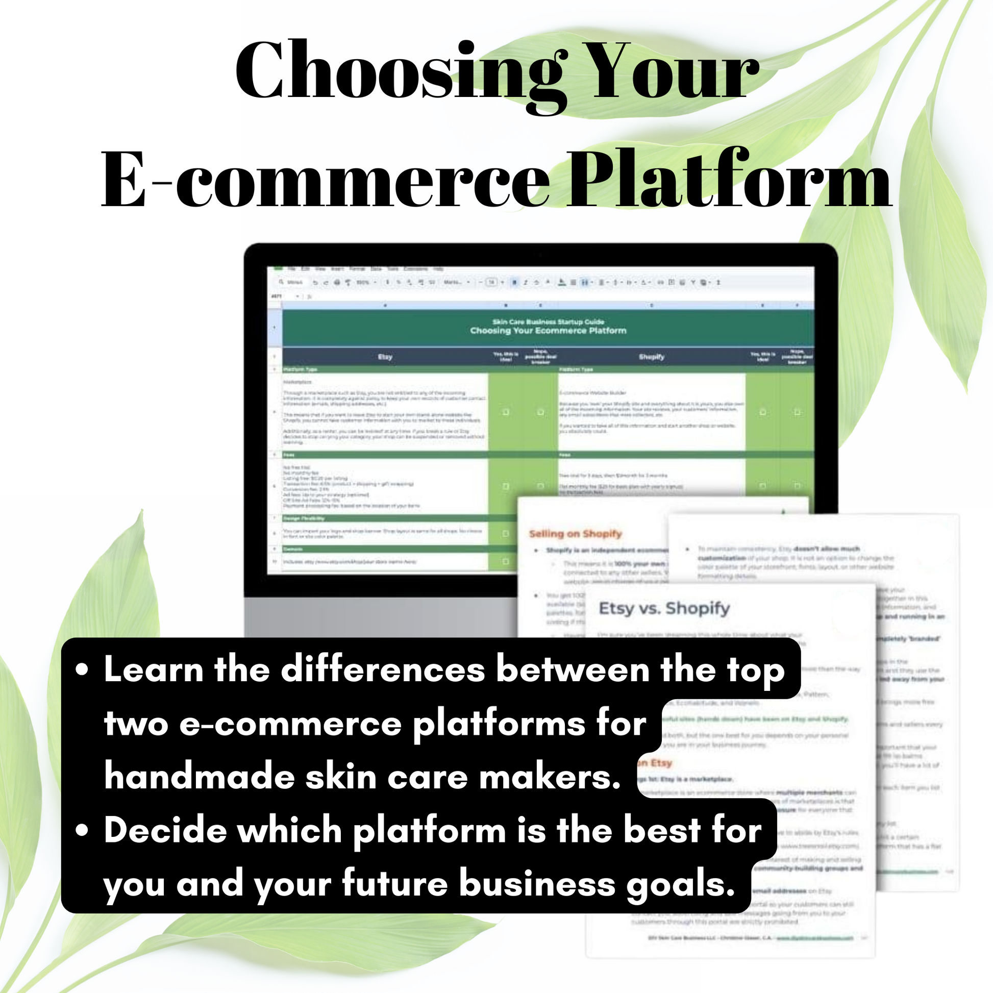 Computer screen displaying a comparison between Etsy and Shopify with text about choosing an e-commerce platform.
