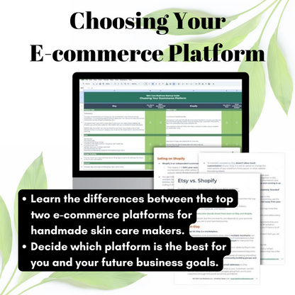 Computer screen displaying a comparison between Etsy and Shopify with text about choosing an e-commerce platform.