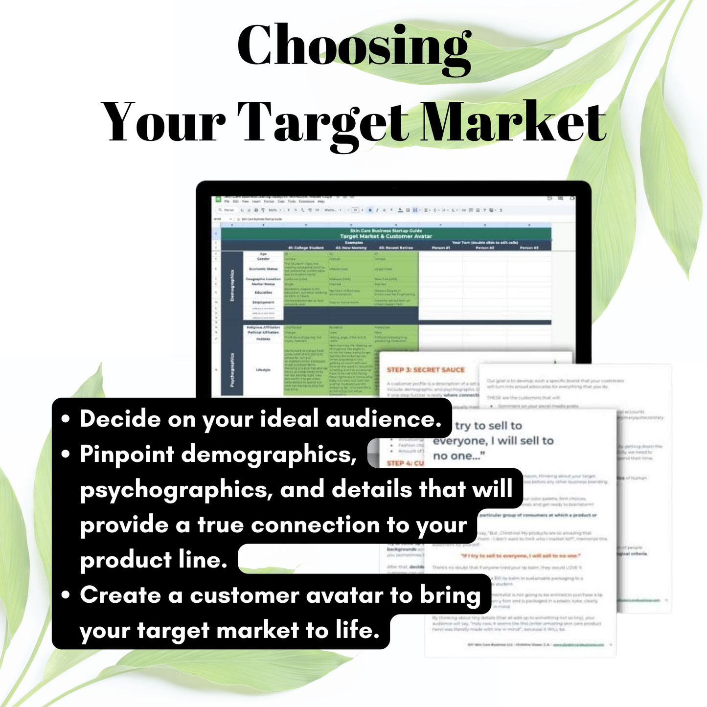 Text on choosing a target market with a computer screen displaying a document.
