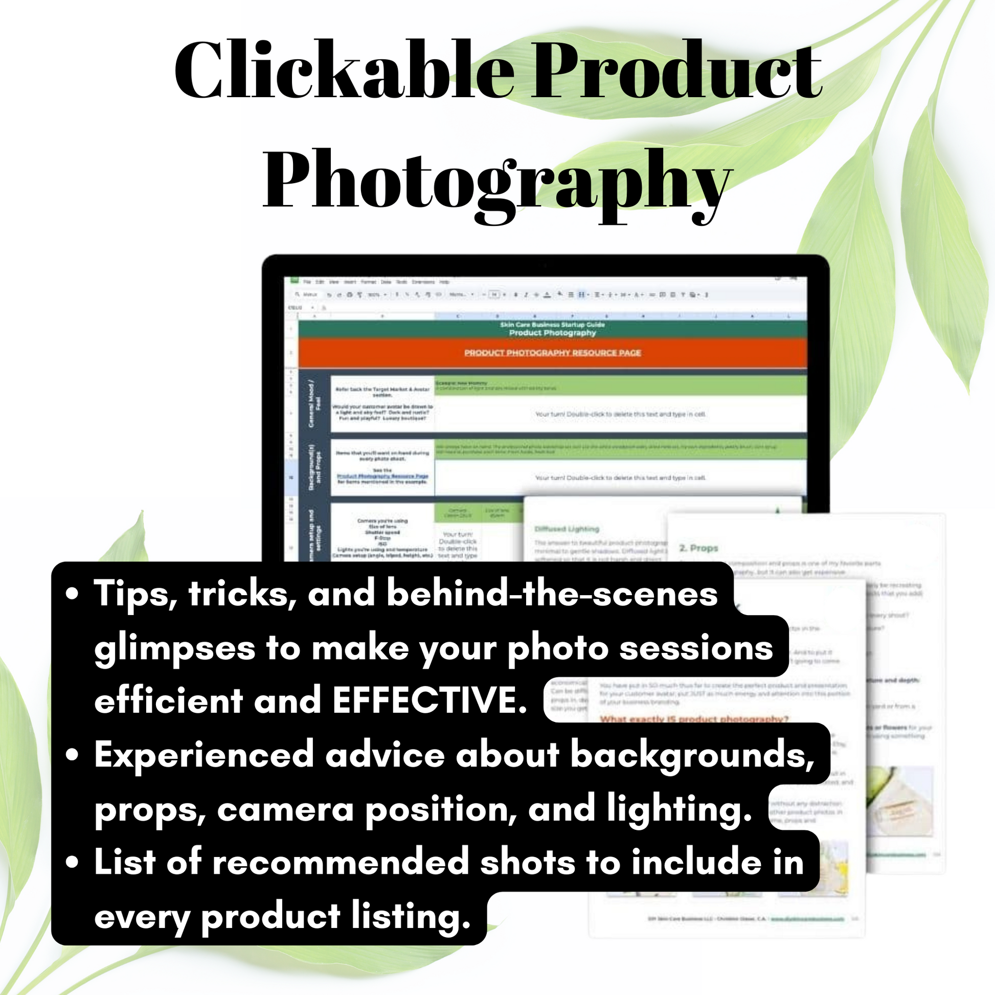 Product photography guide with a computer screen and text overlay on a white background.