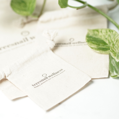 Treesnail Wellness products come with the option of a sustainable cotton muslin bag.