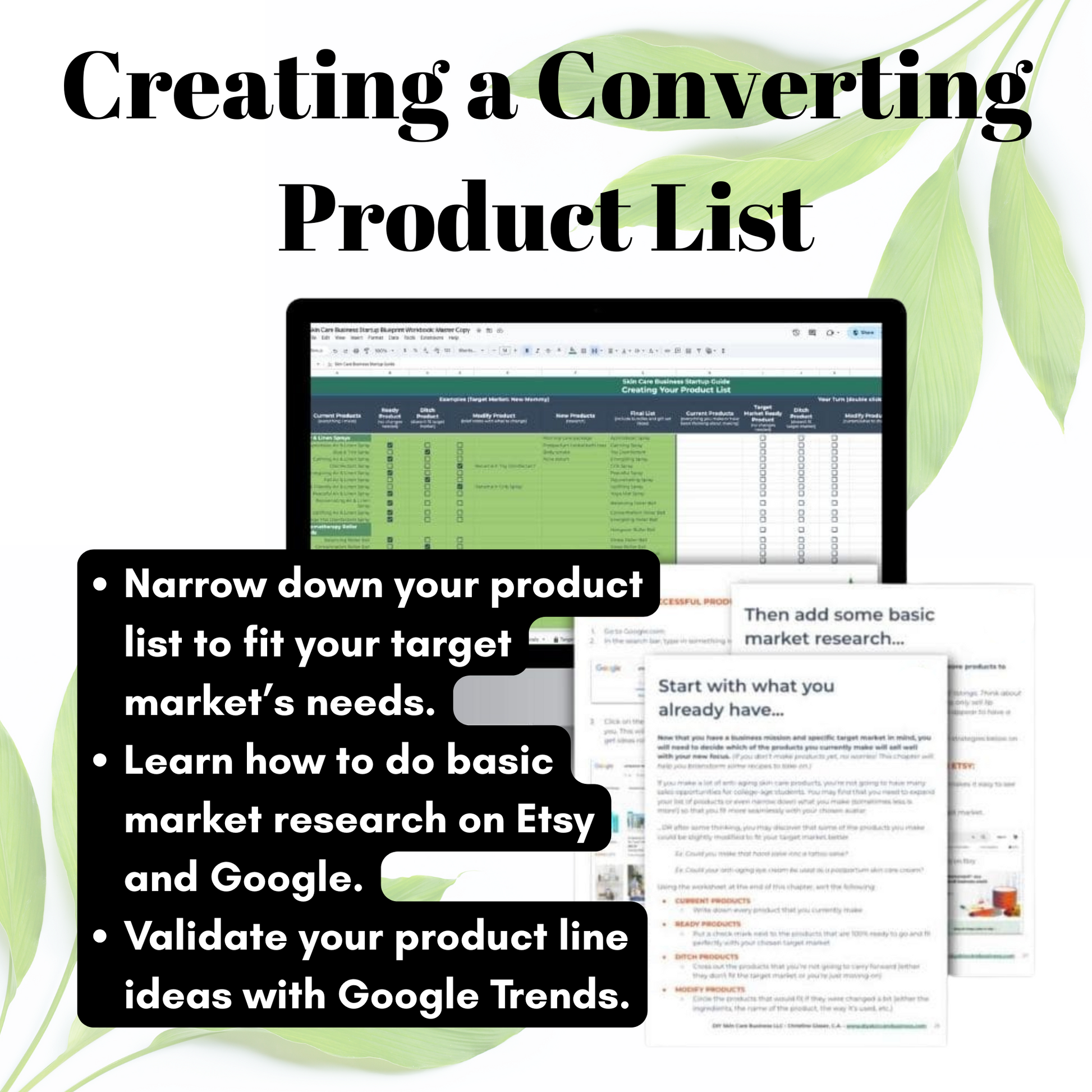 Screen displaying a product list with text on how to create a converting product list.