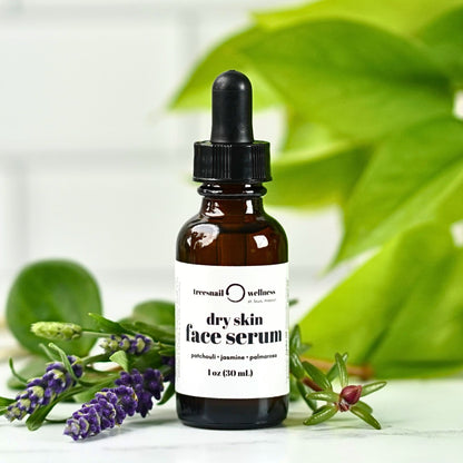 Dry Skin Face Serum by Treesnail Wellness is made with natural carrier oils, essential oils, and bakuchiol.