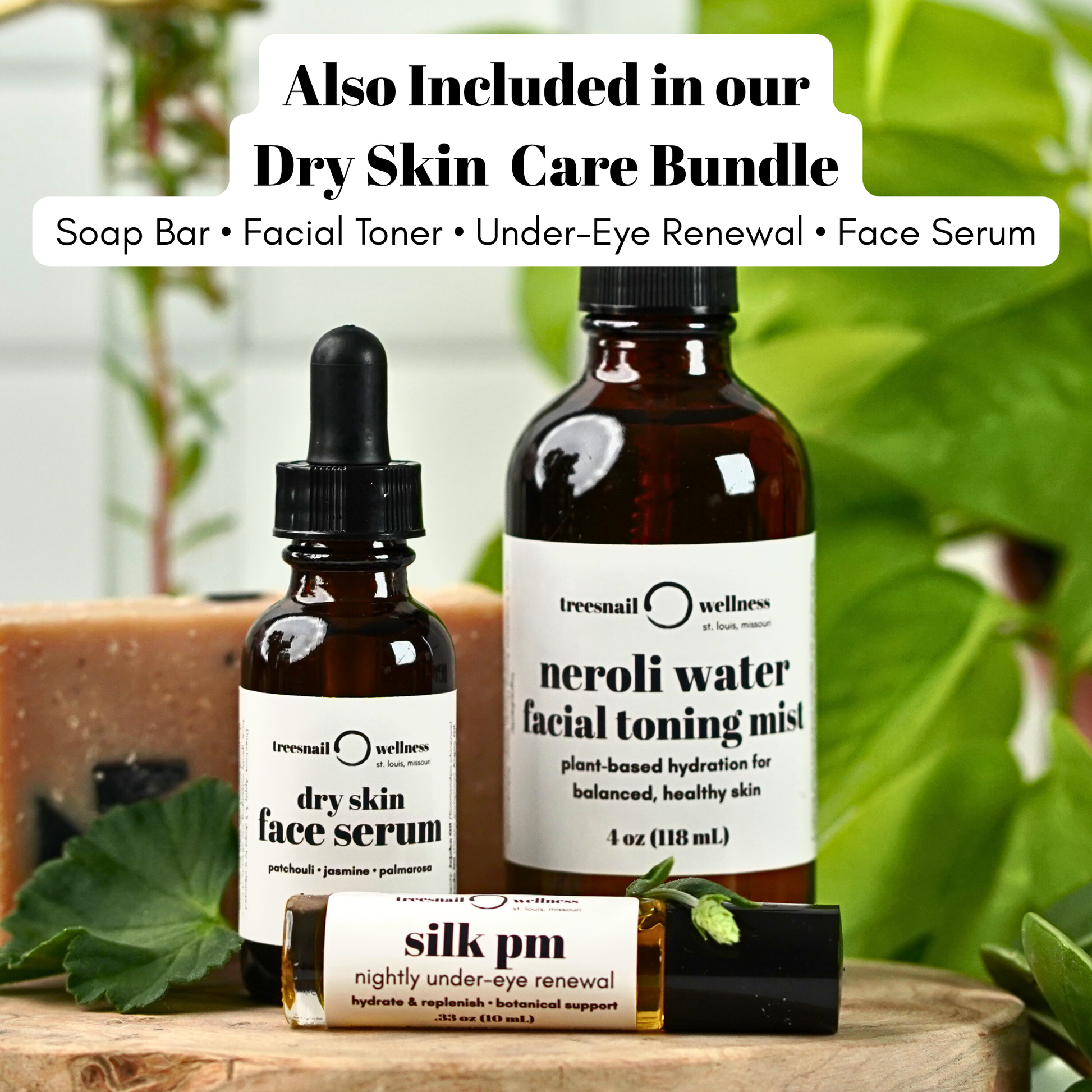 Dry skin care products including a face serum, toner mist, and under-eye renewal product on a wooden surface with greenery in the background.