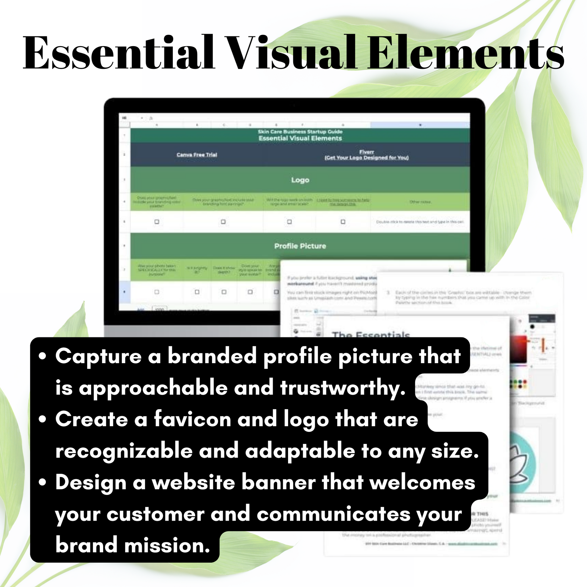 Screen displaying a website with text about essential visual elements for branding.