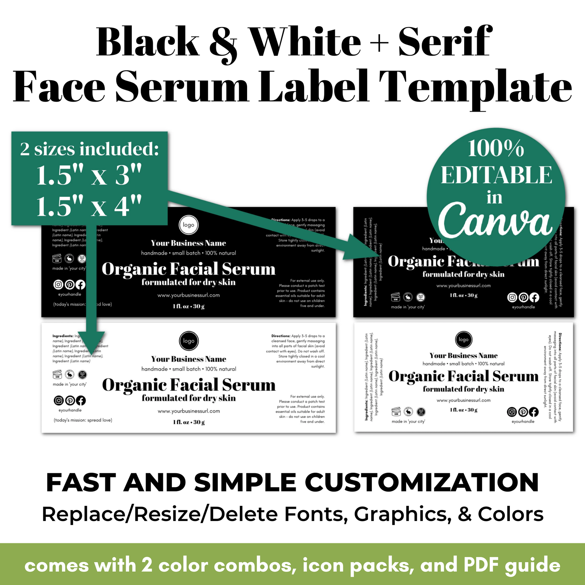 Black and white serif face serum label template with customizable options on a white background.