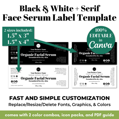 Black and white serif face serum label template with customizable options on a white background.