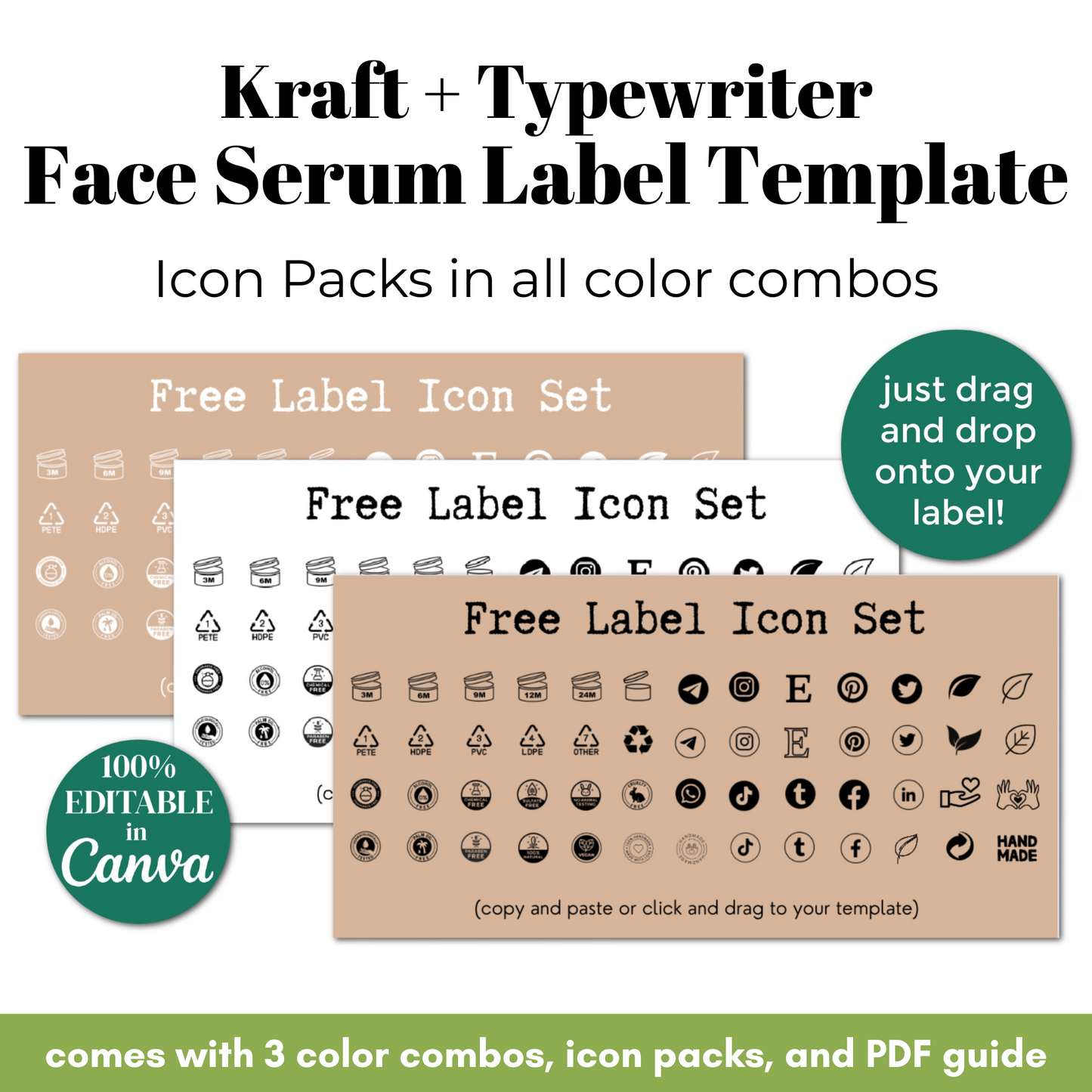 Kraft and typewriter face serum label template with icon packs and editable features.