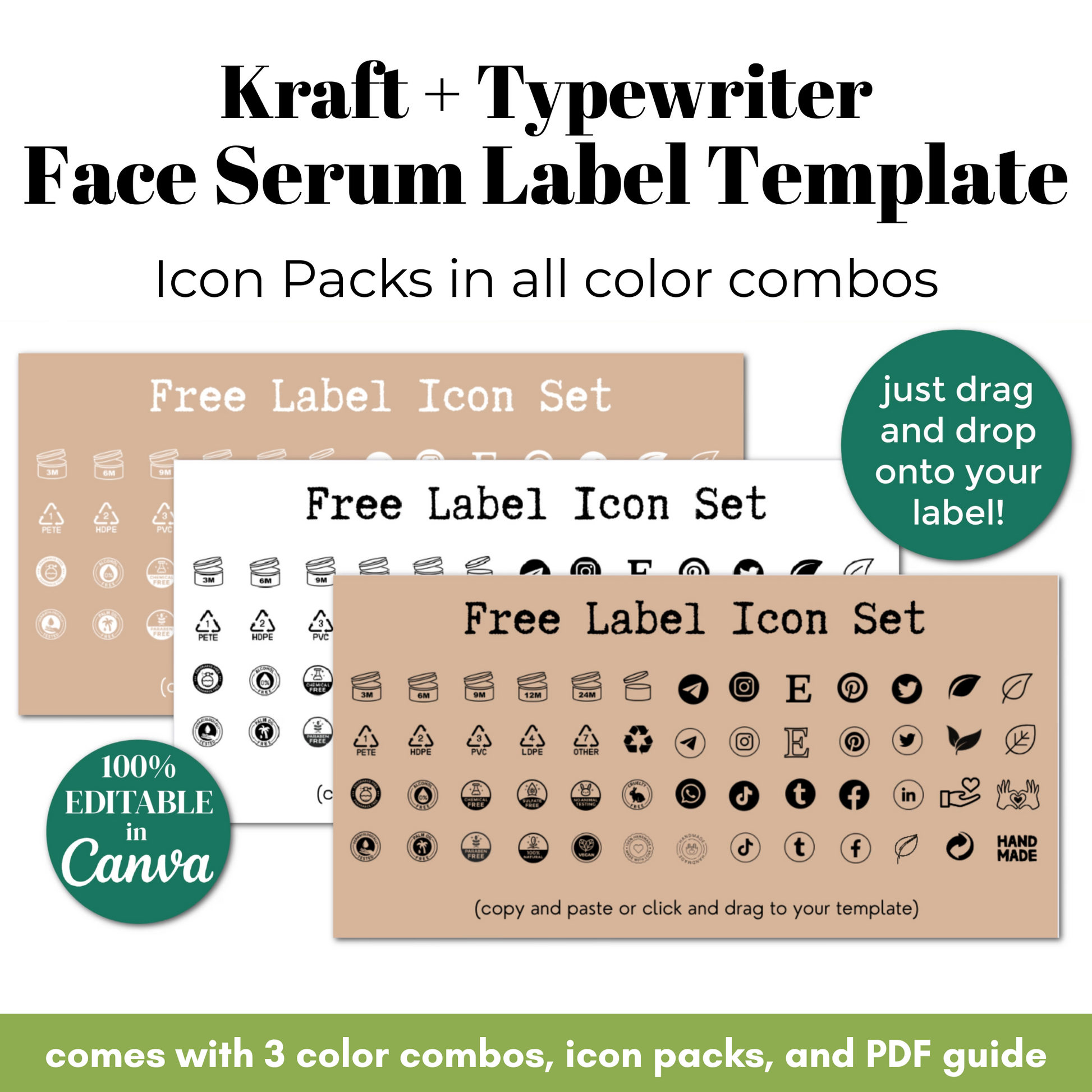 Kraft and typewriter face serum label template with icon packs and editable features.