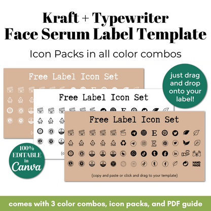 Kraft and typewriter face serum label template with icon packs and editable features.