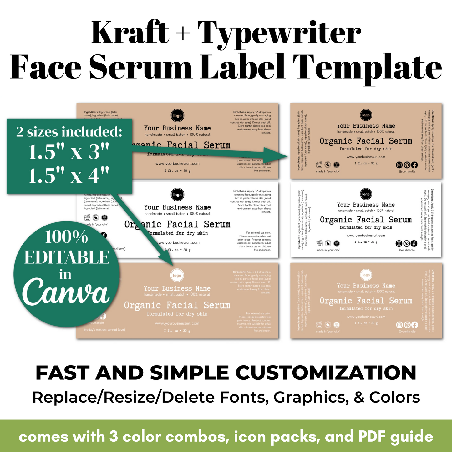 Kraft and typewriter face serum label template with customizable features.