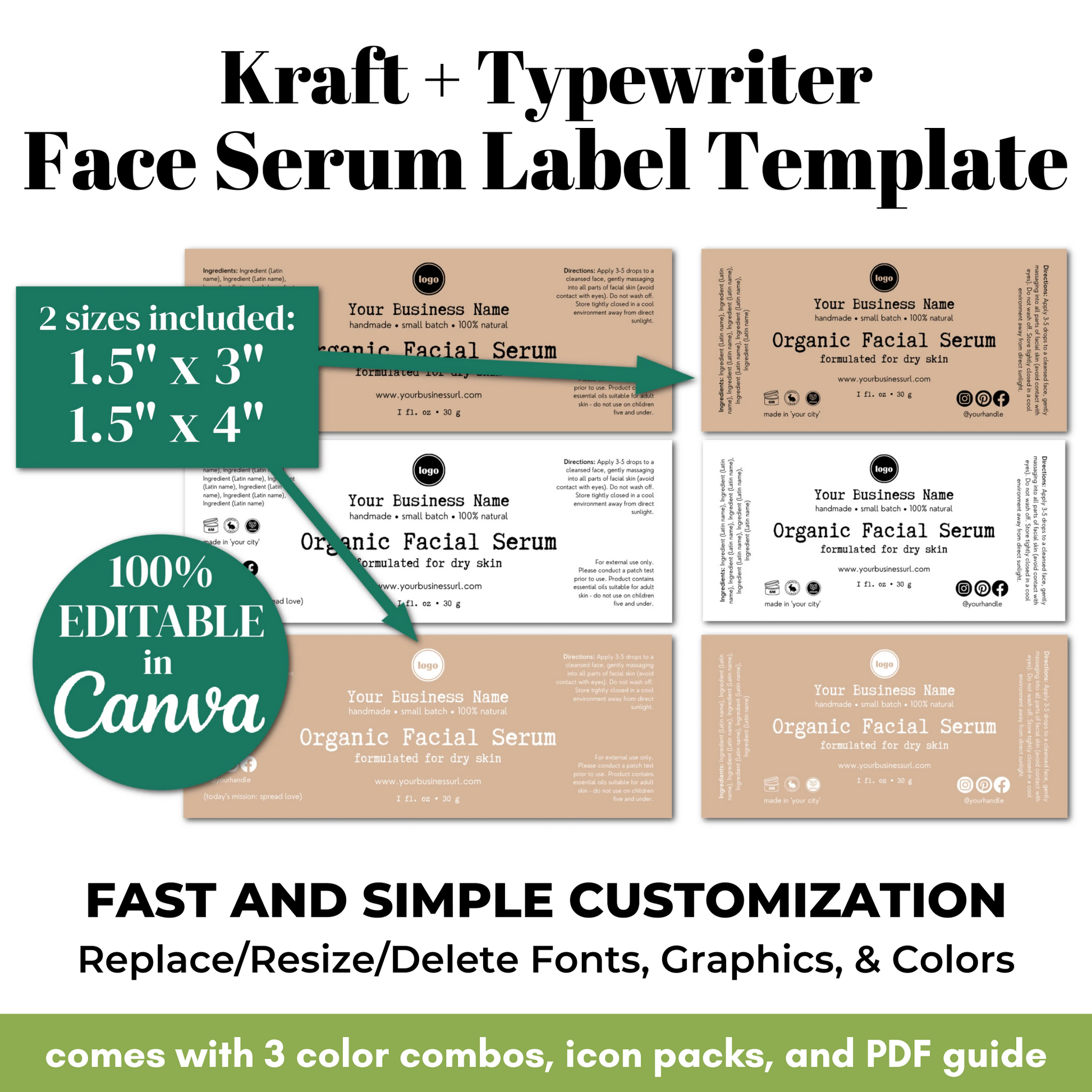 Kraft and typewriter face serum label template with customizable features.