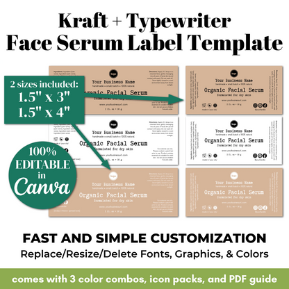 Kraft and typewriter face serum label template with customizable features.