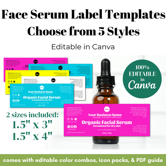 Face serum label templates with editable options in Canva, displayed on a white background.