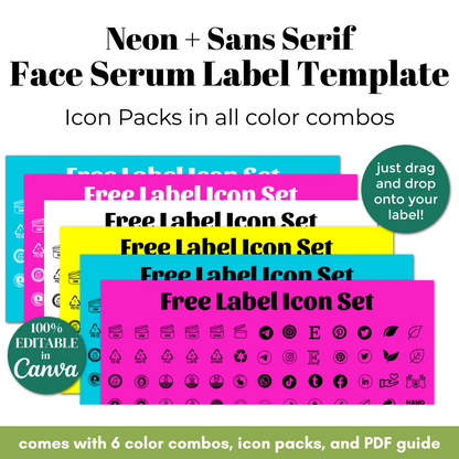 Neon and sans-serif face serum label template with icon packs and color combos.