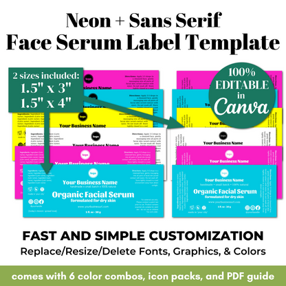 Neon + Sans Serif Face Serum Label Template with customizable options and branding details.