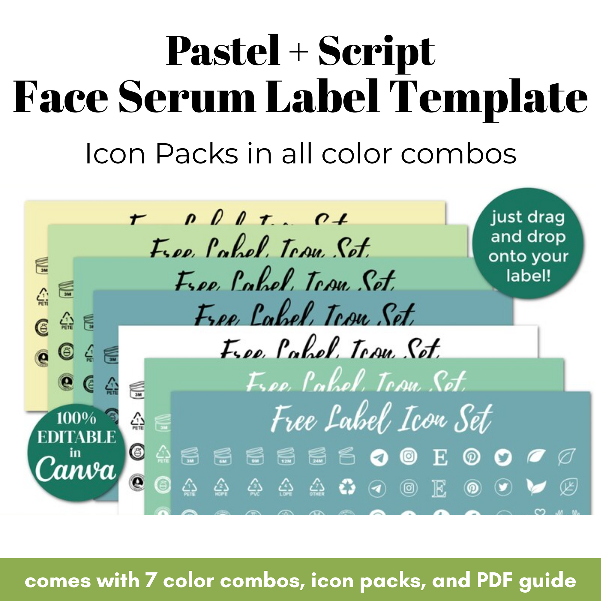 Pastel and script face serum label template with icon packs and PDF guide.