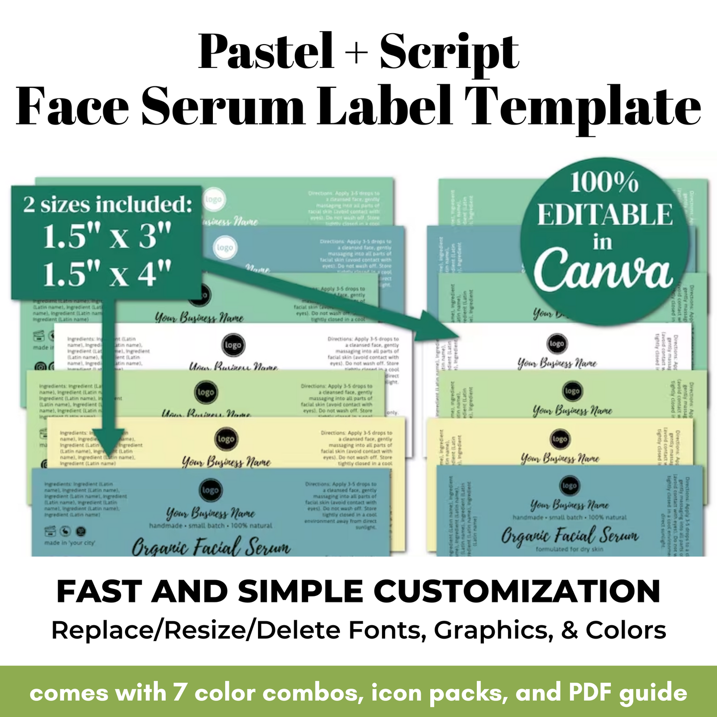 Pastel and script face serum label template with customizable options and branding details.