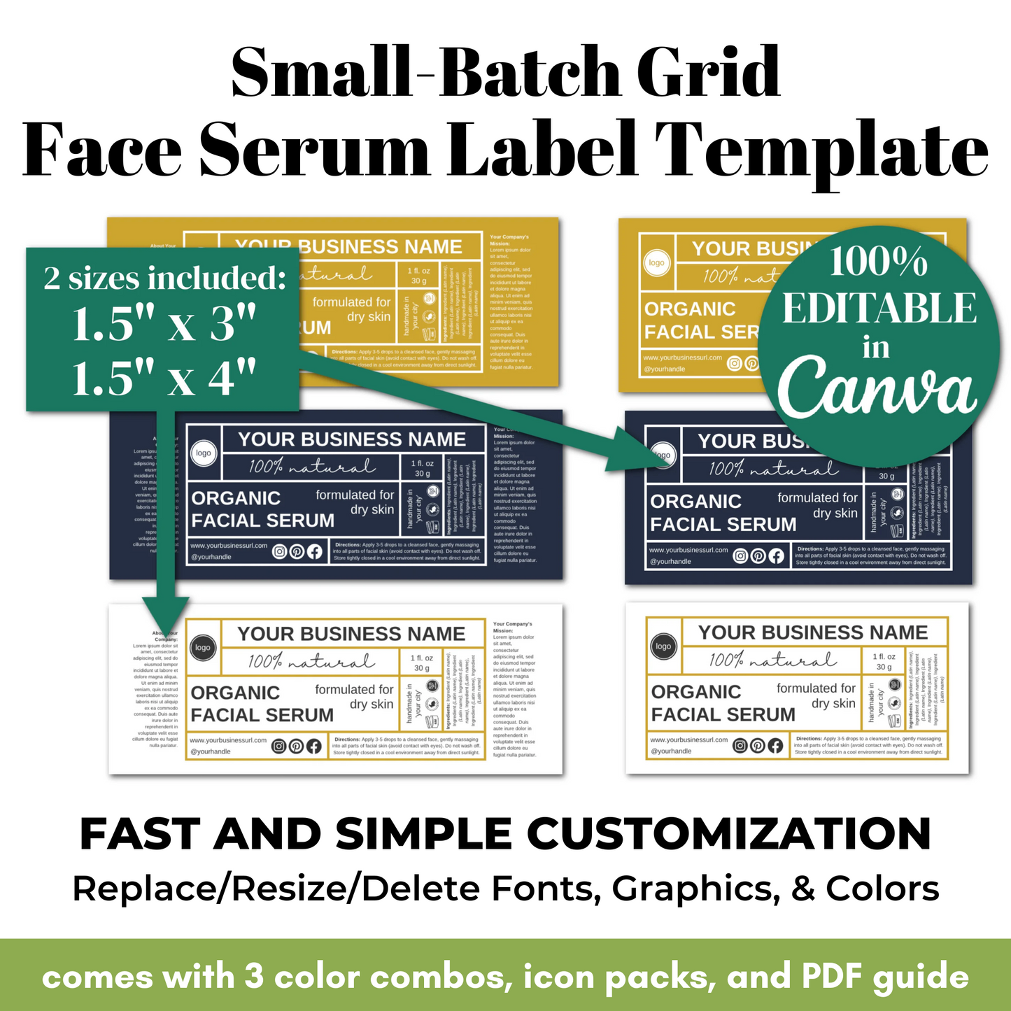 Small-Batch Grid Face Serum Label Template with customizable features on a white background