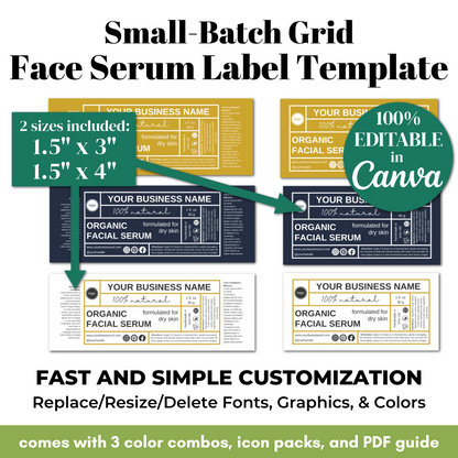 Small-Batch Grid Face Serum Label Template with customizable features on a white background