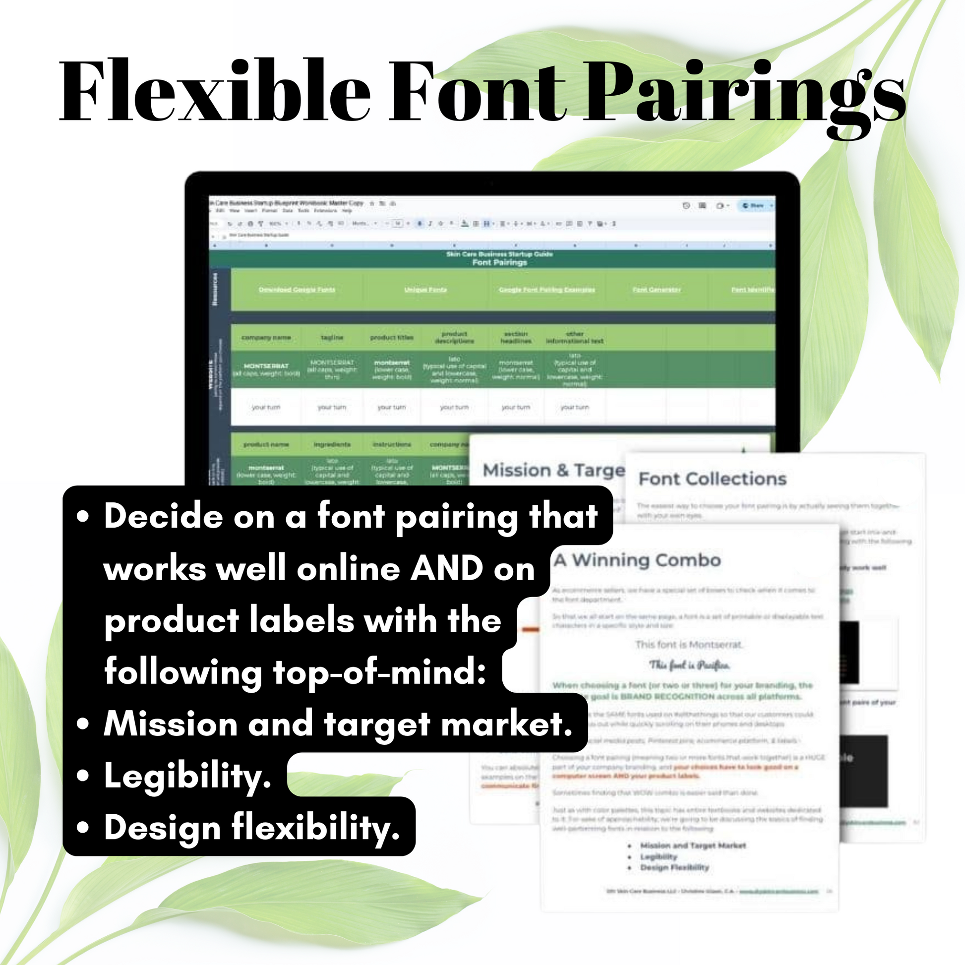 Computer screen displaying a font pairing guide with text and leaf graphics.