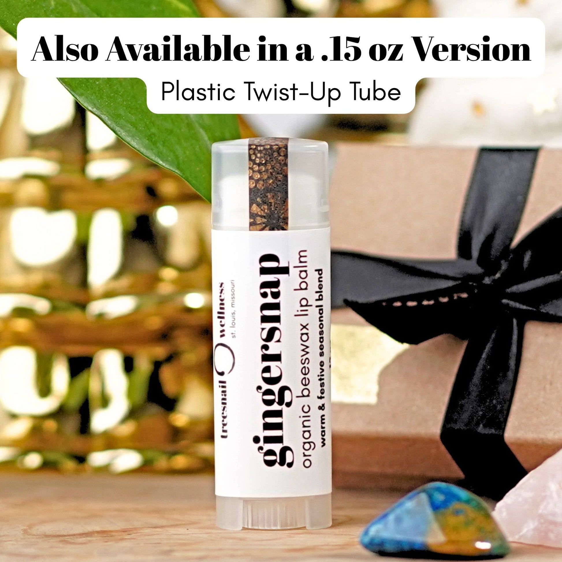 Ginger Snap natural lip balm .15 oz plastic twist-up—ginger, orange, cinnamon, clove, vanilla (seasonal Oct–Dec)