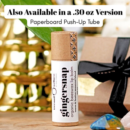 Ginger Snap eco-tube lip balm .30 oz paperboard push-up—ginger, orange, cinnamon, clove, vanilla (seasonal Oct–Dec)