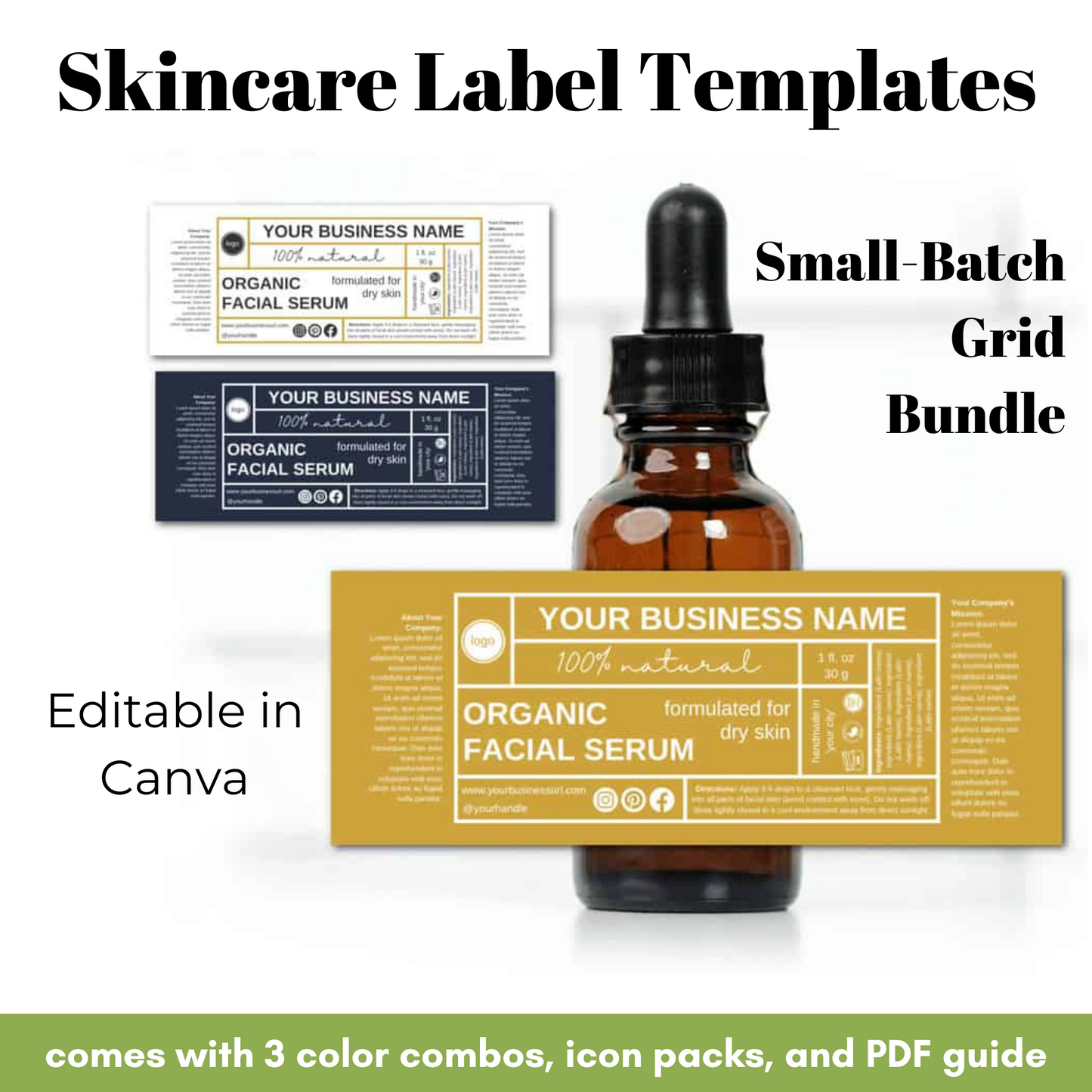 Skincare label templates for organic facial serum with a bottle and dropper on a white background.
