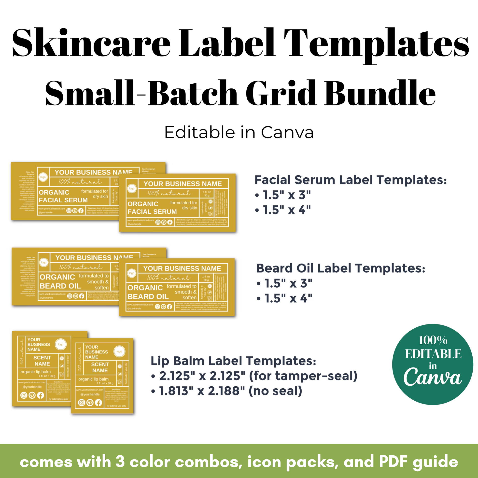 Skincare label templates with various sizes and product types on a white background.