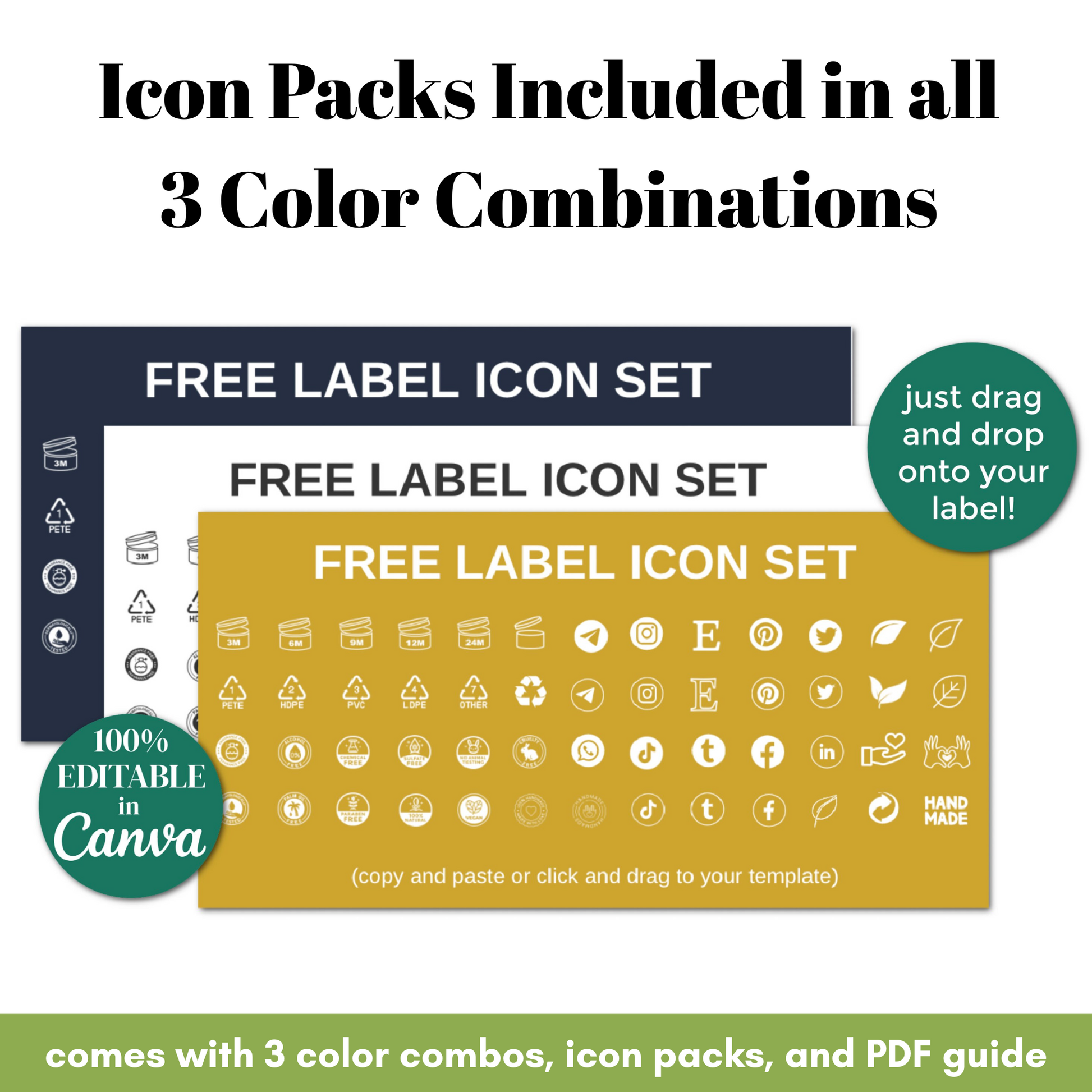 Free label icon set with three color combinations on a white background