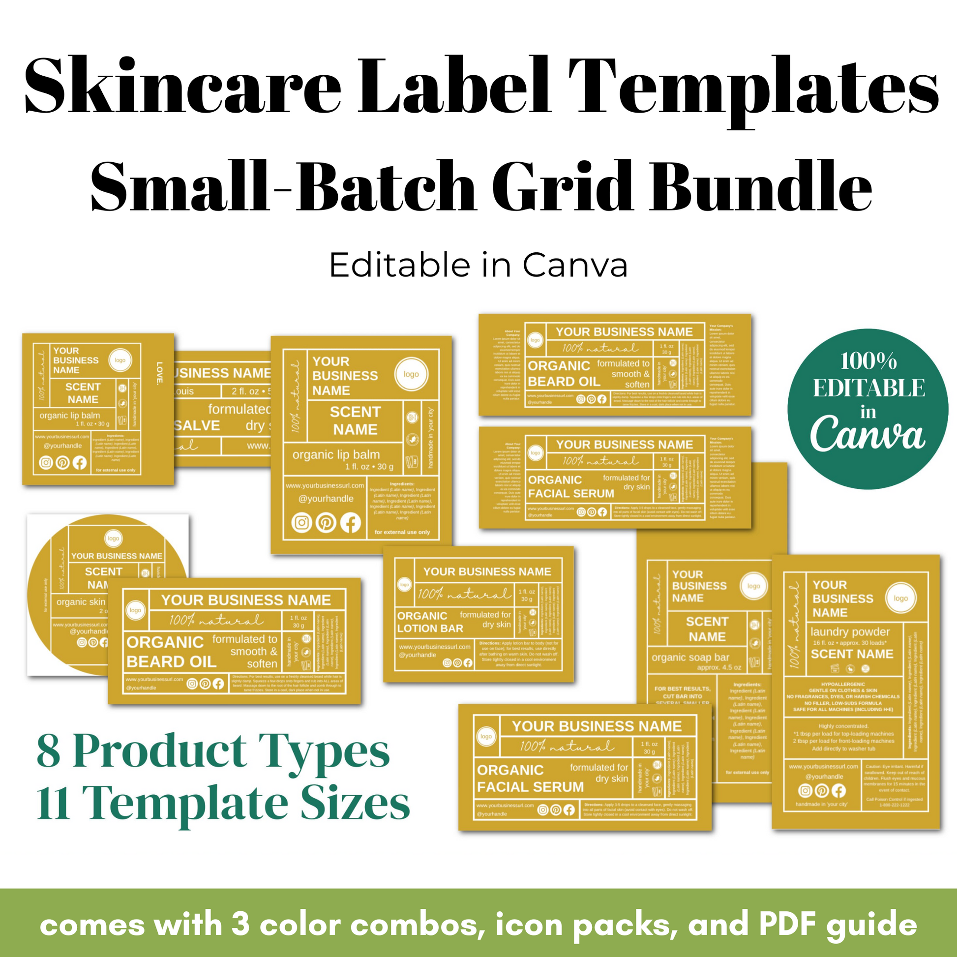 Skincare label templates with various product types and template sizes on a white background.