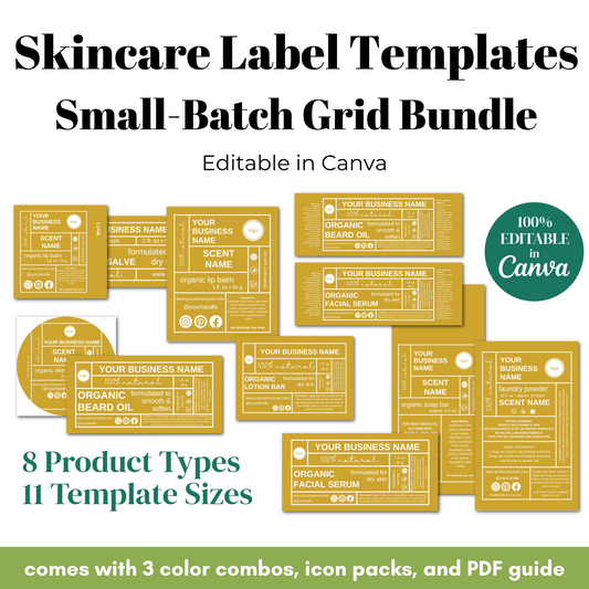 Skincare label templates with various product types and template sizes on a white background.