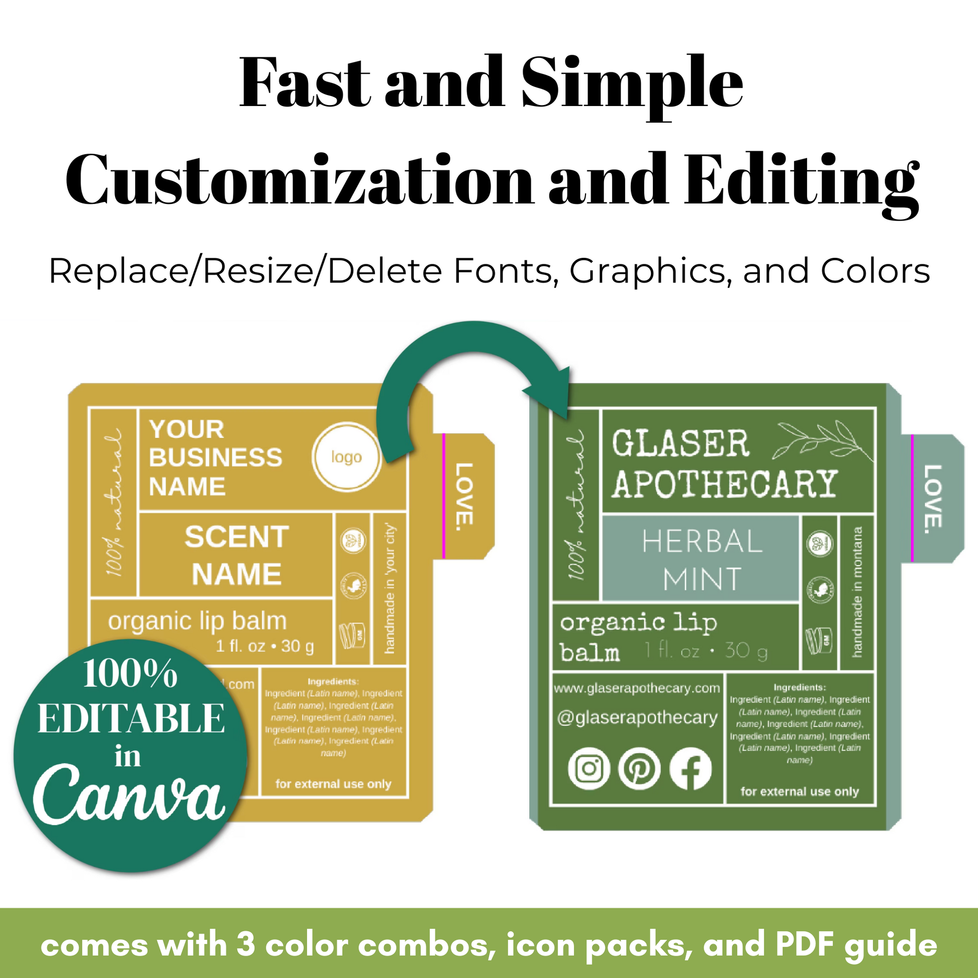Two lip balm labels with customization options and Canva branding.
