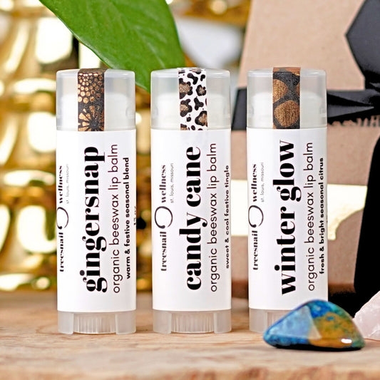 Wrapped classic .15 oz lip balm trio—gold washi, black ribbon (Candy Cane, Winter Glow, Ginger Snap)