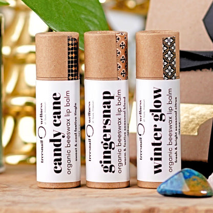 Wrapped holiday eco push-up lip balm trio .30 oz—gold washi & black ribbon (Candy Cane, Winter Glow, Ginger Snap)