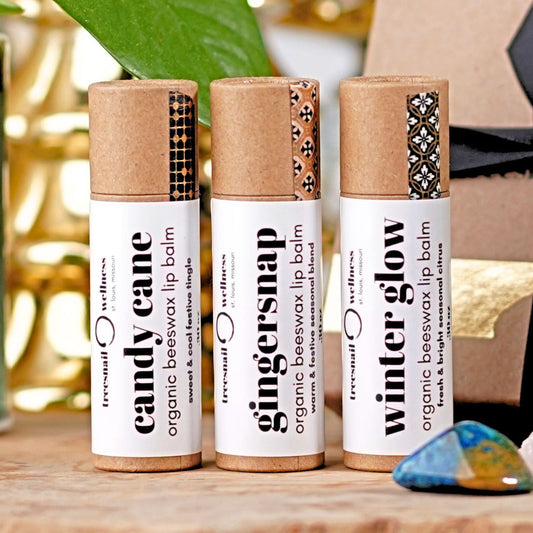 Wrapped holiday eco push-up lip balm trio .30 oz—gold washi & black ribbon (Candy Cane, Winter Glow, Ginger Snap)