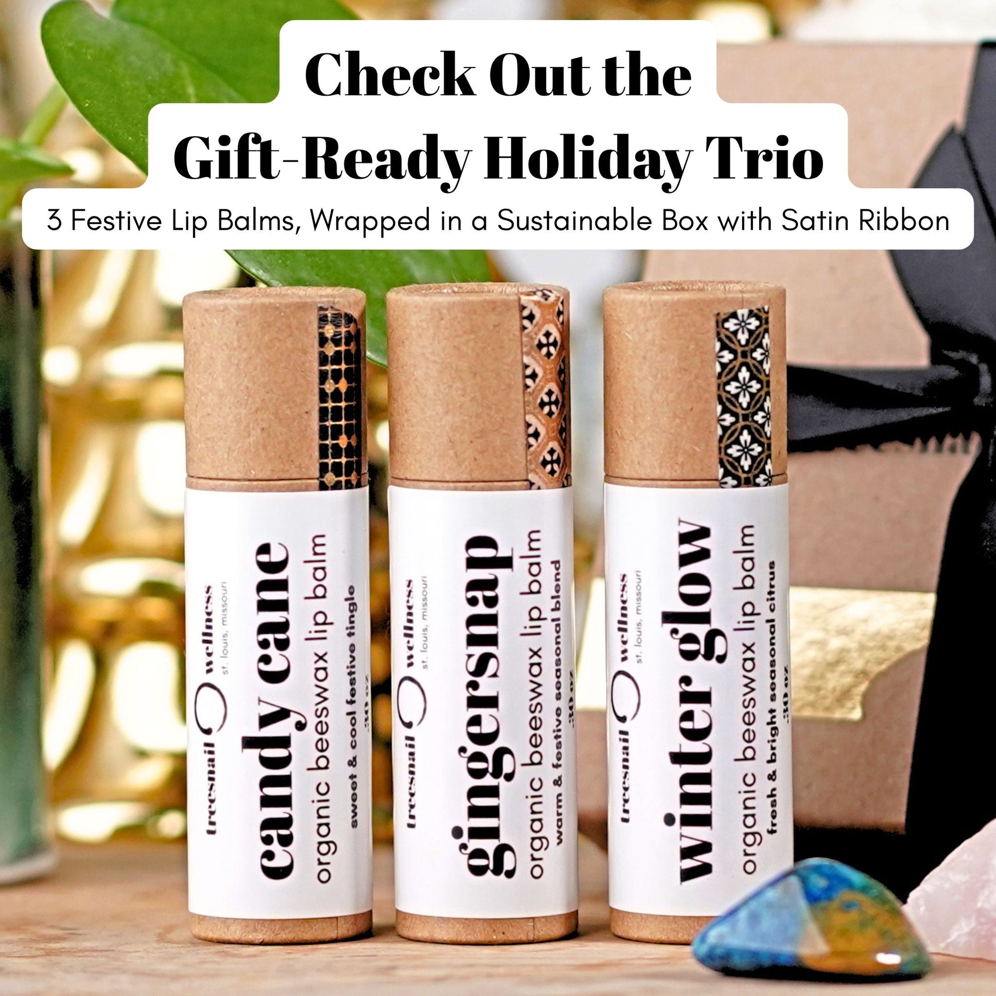 Holiday lip balm trio, all .30 oz size, organic, and wrapped with box ready to give