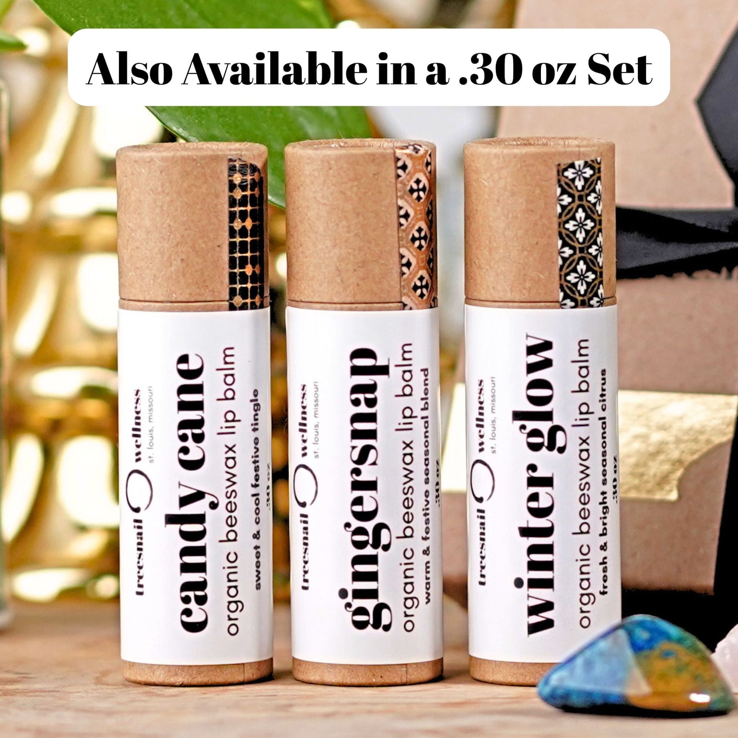 Holiday Organic Lip Balm Trio in the large eco-friendly .30 oz set.