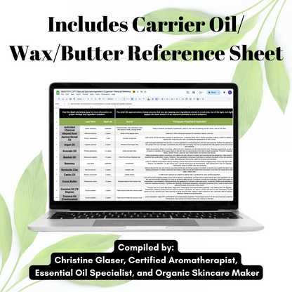 Laptop displaying a carrier oil reference sheet with text and tables, surrounded by green leaves.