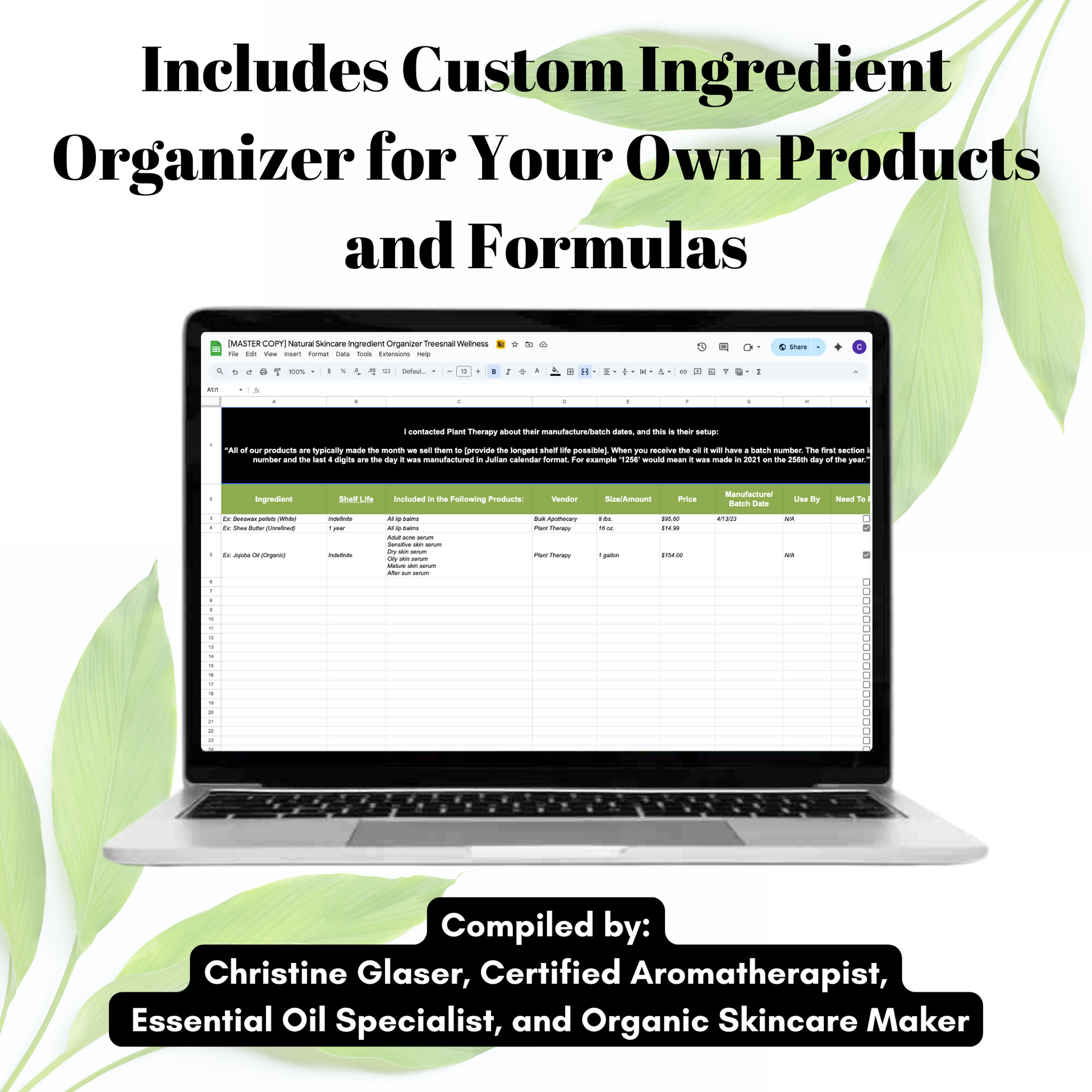 Laptop displaying a software interface for custom skincare ingredient organization with green leaves in the background