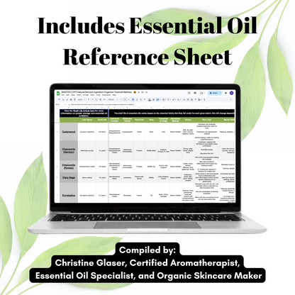 Laptop displaying an essential oil reference sheet with green leaves in the background