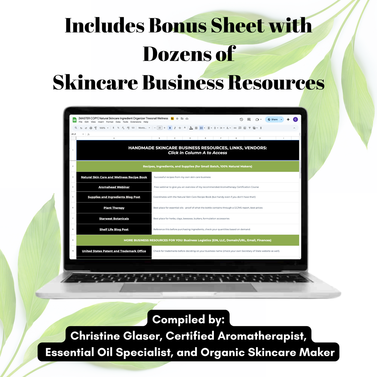 Laptop displaying a skincare business resources website with green leaves in the background