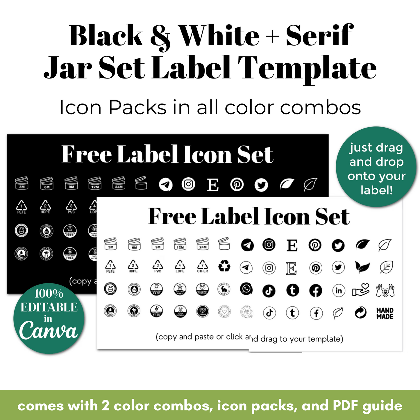 Black and white serif jar set label template with free label icon set and editable options.