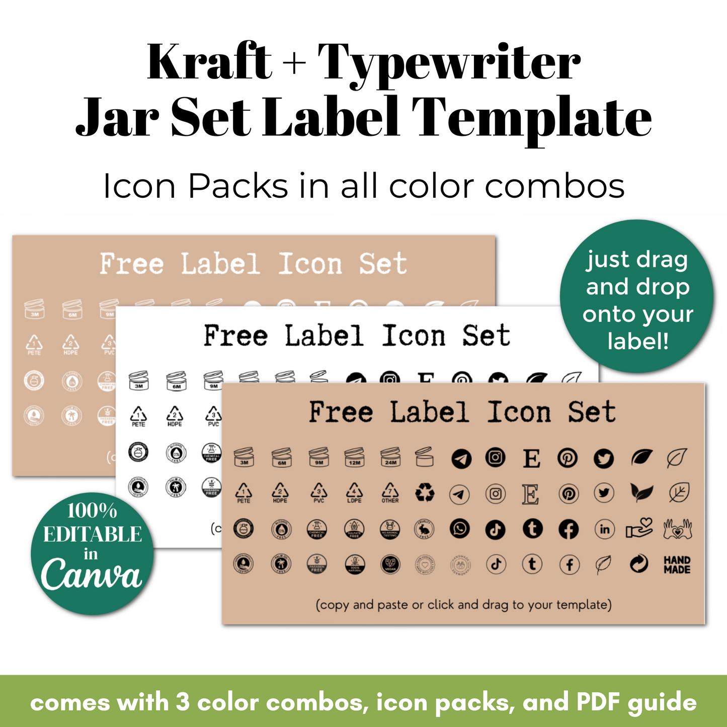 Kraft and typewriter jar set label template with icon packs and editable features.